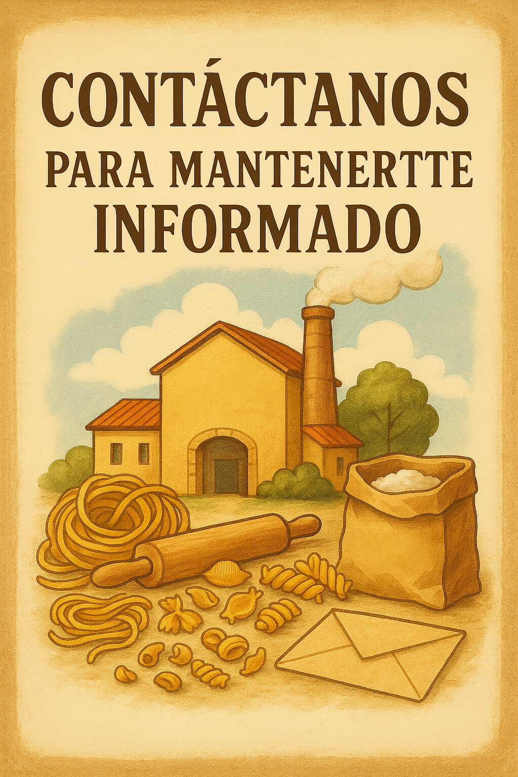 Ilustración de estilo vintage con el texto 'Contáctanos para mantenerte informado', junto a una fábrica de pastas, un rodillo, fideos crudos, una bolsa de harina y una carta sobre fondo cálido