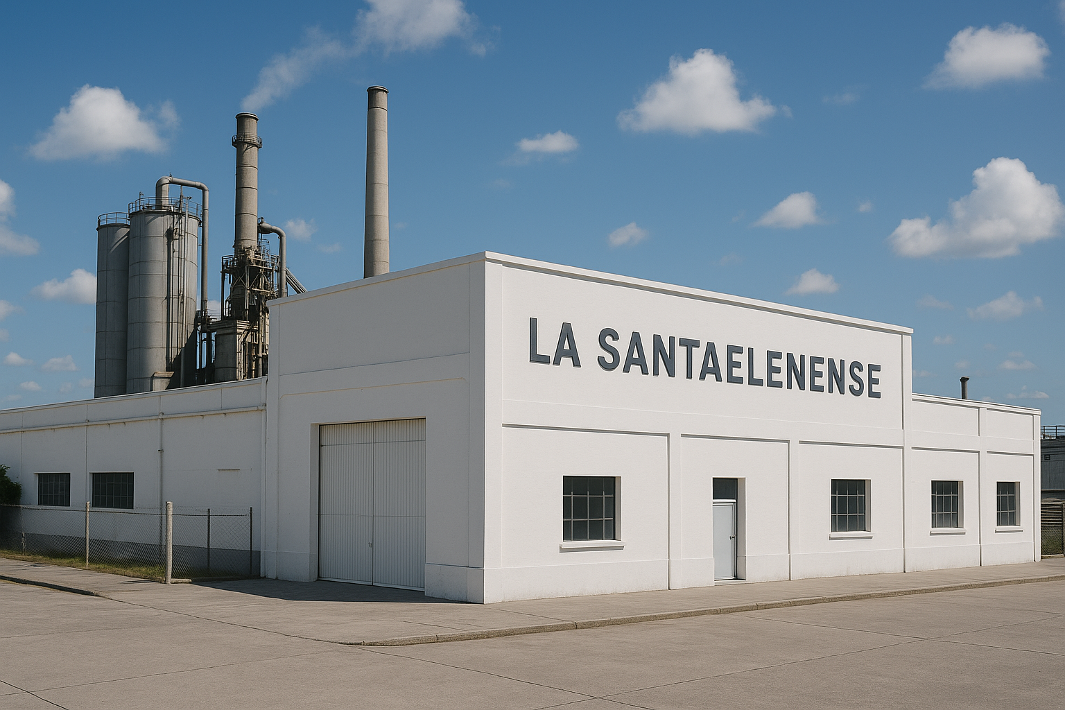 Fábrica blanca con el nombre 'La Santaelenense' en su fachada, ubicada en un área industrial con silos y chimeneas al fondo