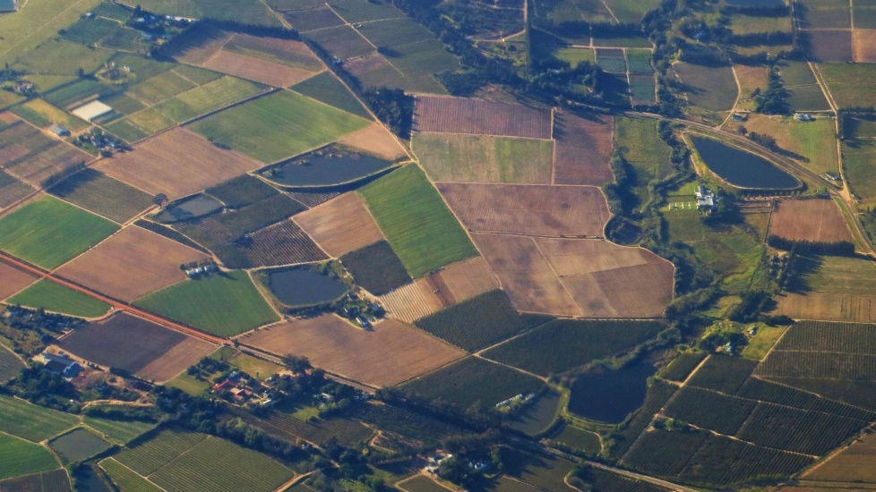Vista aérea de parcelas agrícolas con caminos de tierra, espejos de agua y viviendas rurales dispersas 